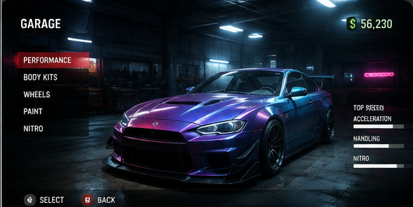 Velocity Underground garage and vehicle customization